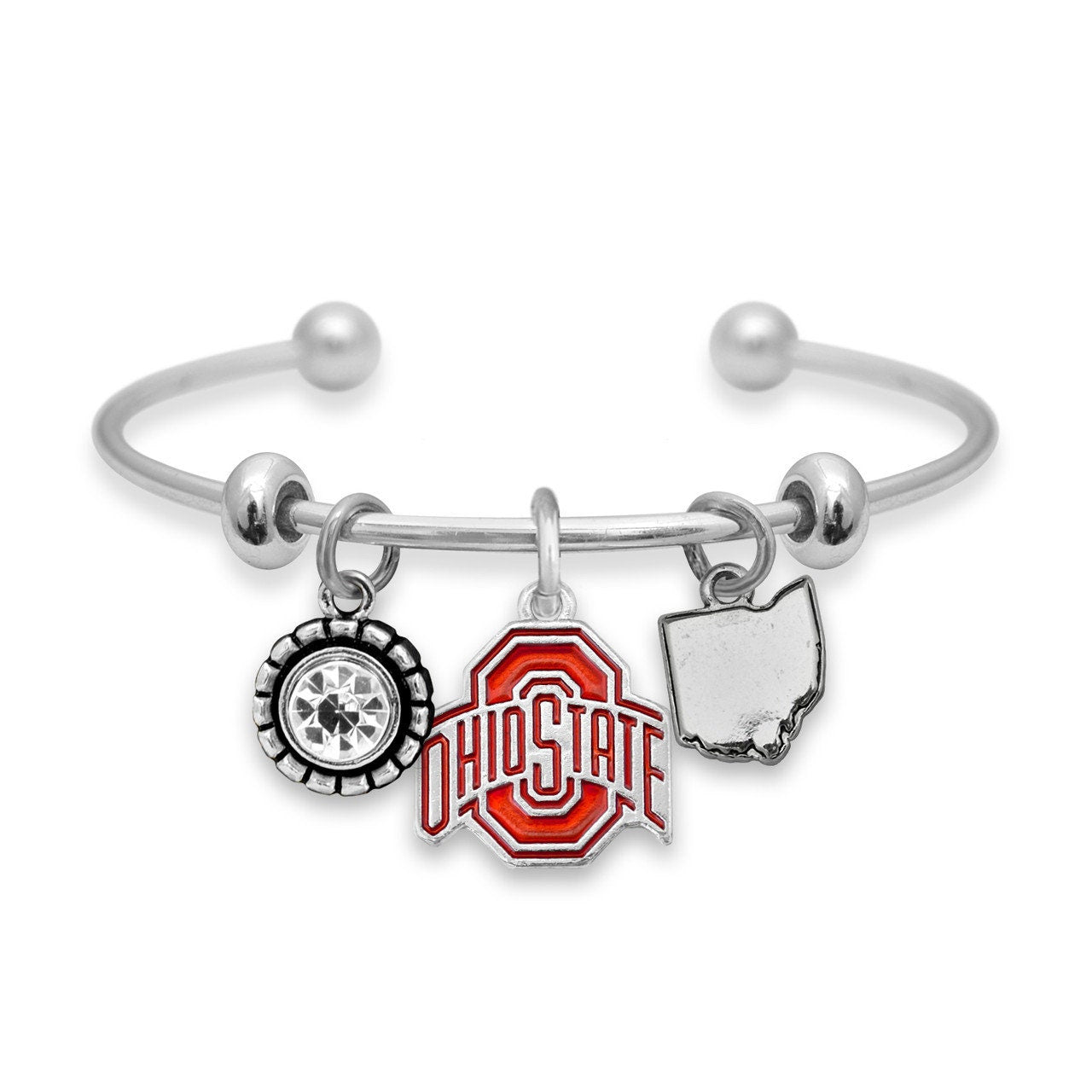 Officially Licensed OHIO STATE BUCKEYES Bracelet - Triple Charm Bracelet with Crystal Ohio State Pewter Charms Sterling Plated
