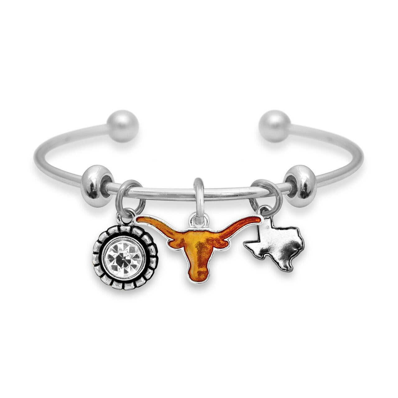 Officially Licensed TEXAS LONGHORNS Bracelet - Triple Charm Bracelet with Crystal Texas State Pewter Charms Sterling Plated