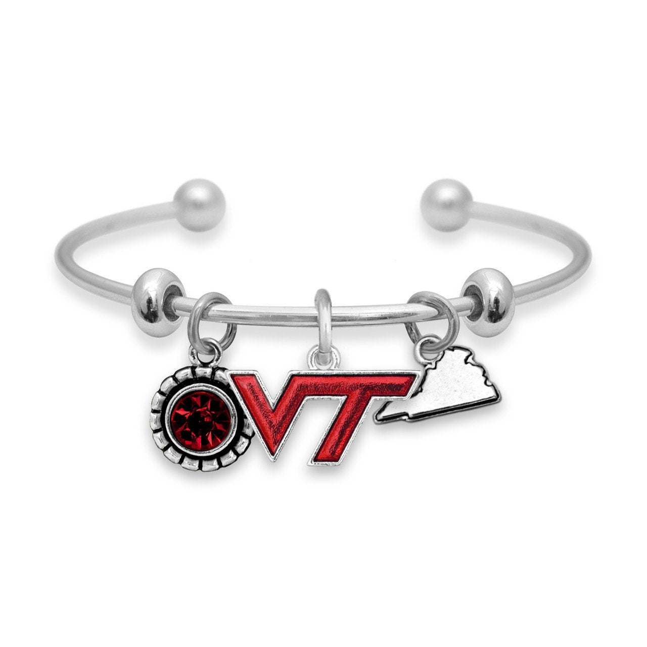 Officially Licensed VIRGINIA TECH HOKIES Bracelet - Triple Charm Bracelet with Crystal Virginia State Pewter Charms Sterling Plated
