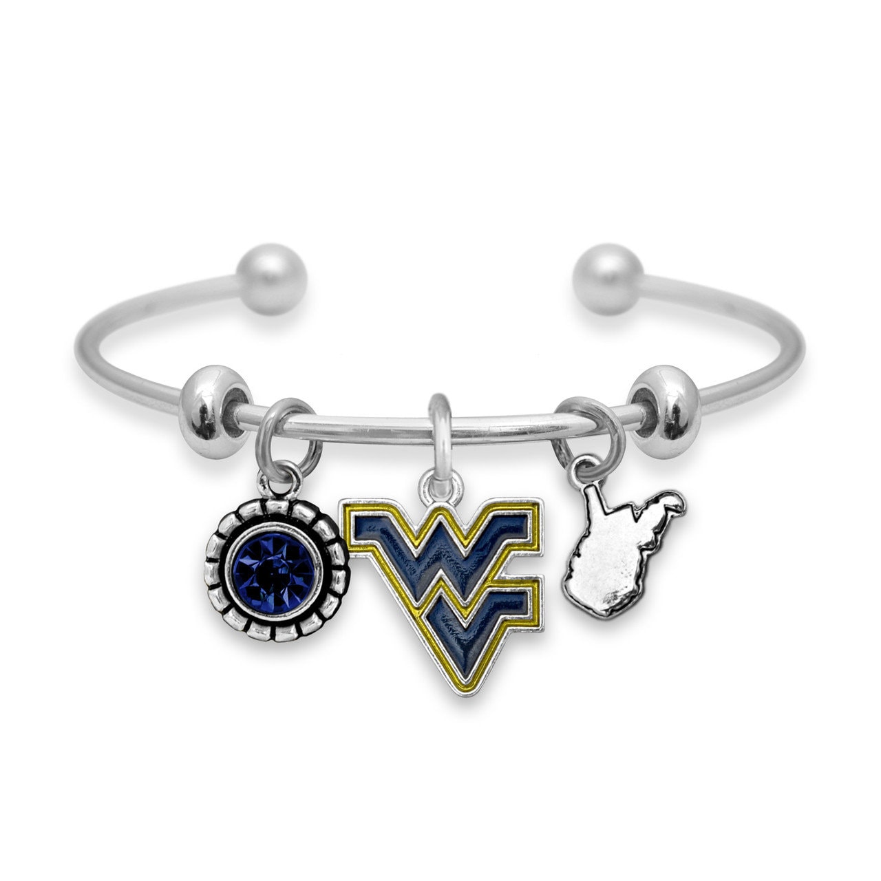 Officially Licensed WEST VIRGINIA MOUNTAINEERS Bracelet - Triple Charm Bracelet Crystal West Virginia State Pewter Charms Sterling Plated