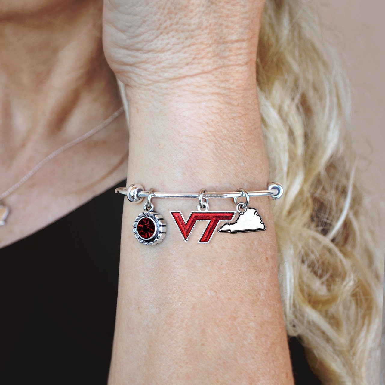 Officially Licensed VIRGINIA TECH HOKIES Bracelet - Triple Charm Bracelet with Crystal Virginia State Pewter Charms Sterling Plated