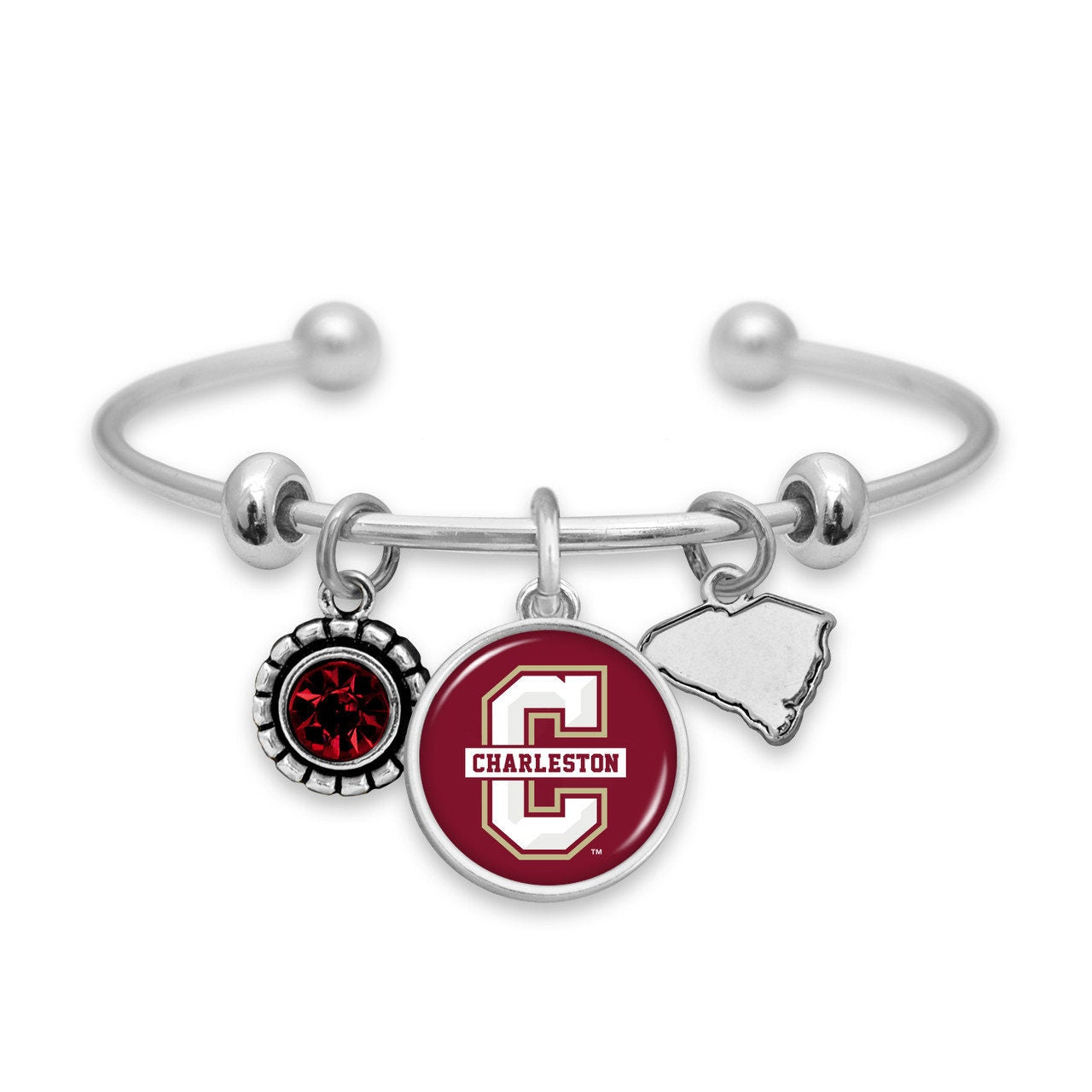 Officially Licensed CHARLESTON COUGARS Bracelet - Triple Charm Bracelet with Crystal South Carolina State Pewter Charms Sterling Plated