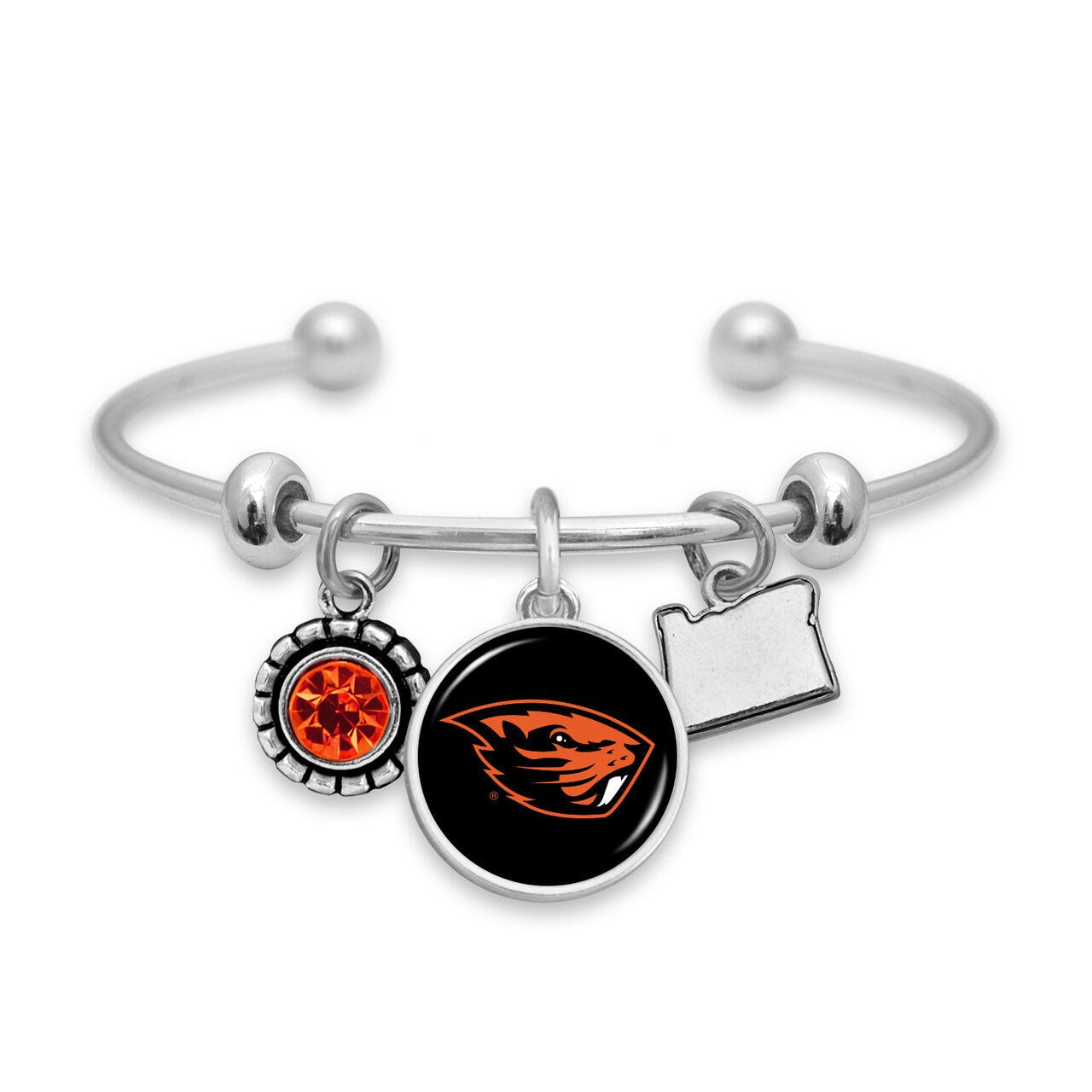 Officially Licensed OREGON STATE BEAVERS Bracelet - Triple Charm Bracelet with Crystal Oregon State Pewter Charms Sterling Plated