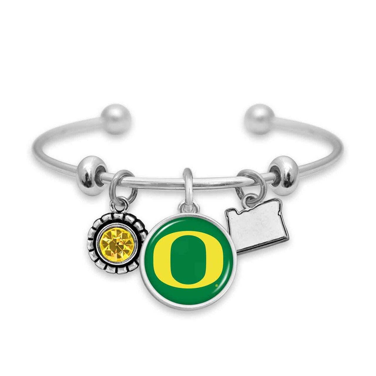 Officially Licensed OREGON DUCKS Bracelet - Triple Charm Bracelet with Crystal Oregon State Pewter Charms Sterling Plated