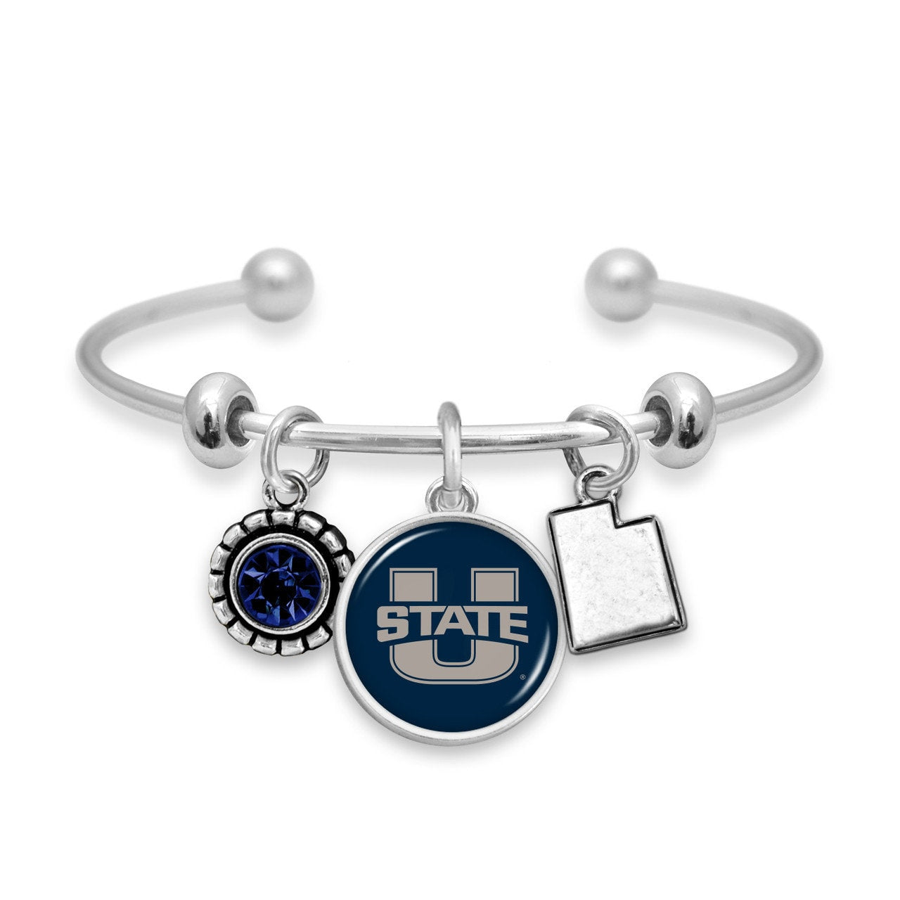 Officially Licensed UTAH STATE AGGIES Bracelet - Triple Charm Bracelet with Crystal Utah State Pewter Charms Sterling Plated
