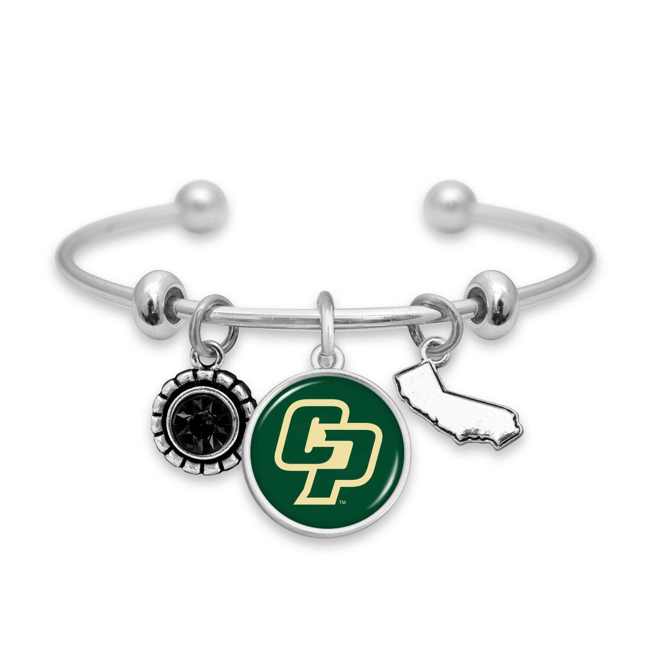 Officially Licensed CAL POLY MUSTANGS Bracelet - Triple Charm Bracelet with Crystal California State Pewter Charms Sterling Plated