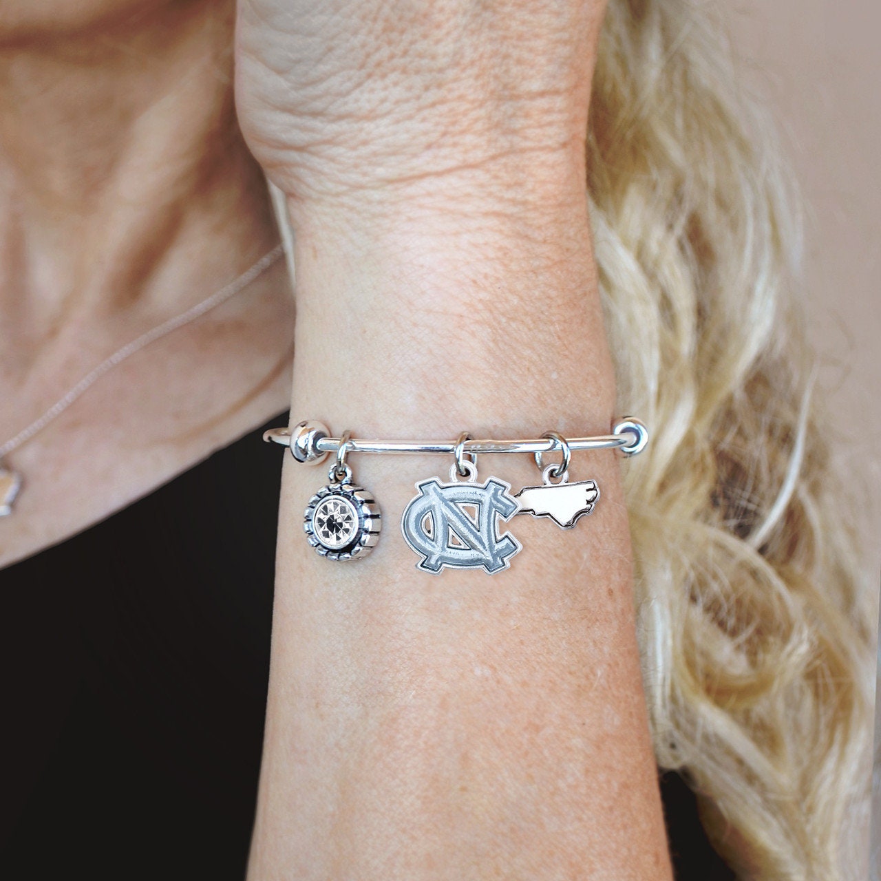 Officially Licensed NORTH CAROLINA Tar Heels Bracelet - Triple Charm Bracelet Crystal North Carolina State Pewter Charms Sterling Plated