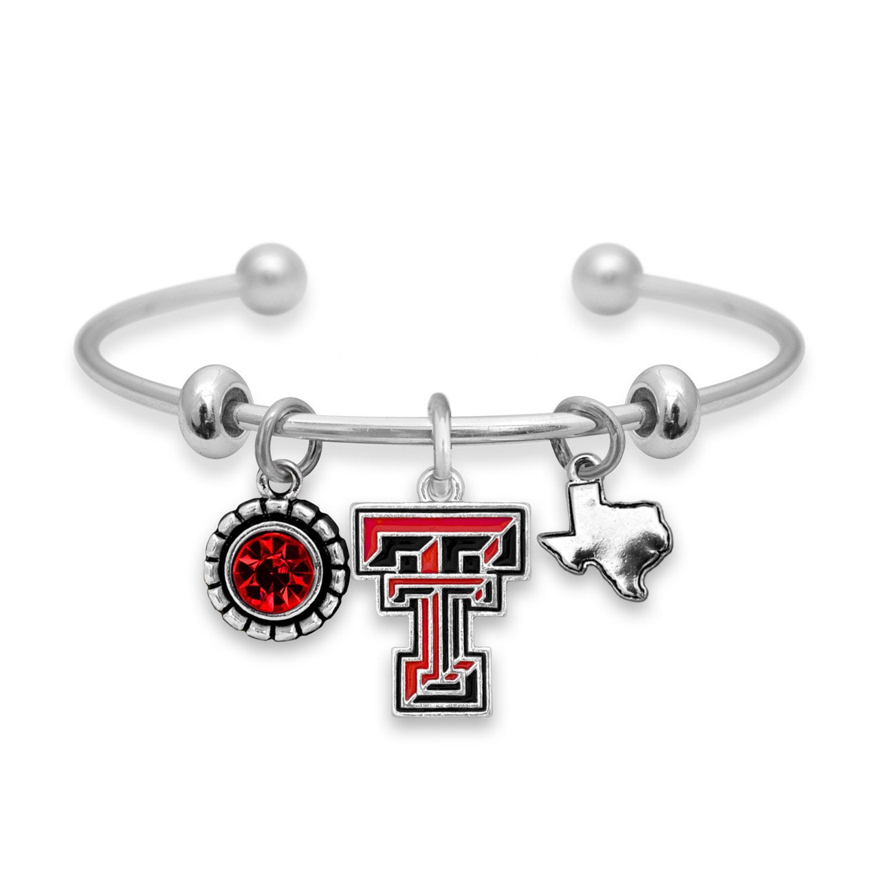 Officially Licensed TEXAS TECH Red Raiders Bracelet - Triple Charm Bracelet with Crystal Texas State Pewter Charms Sterling Plated