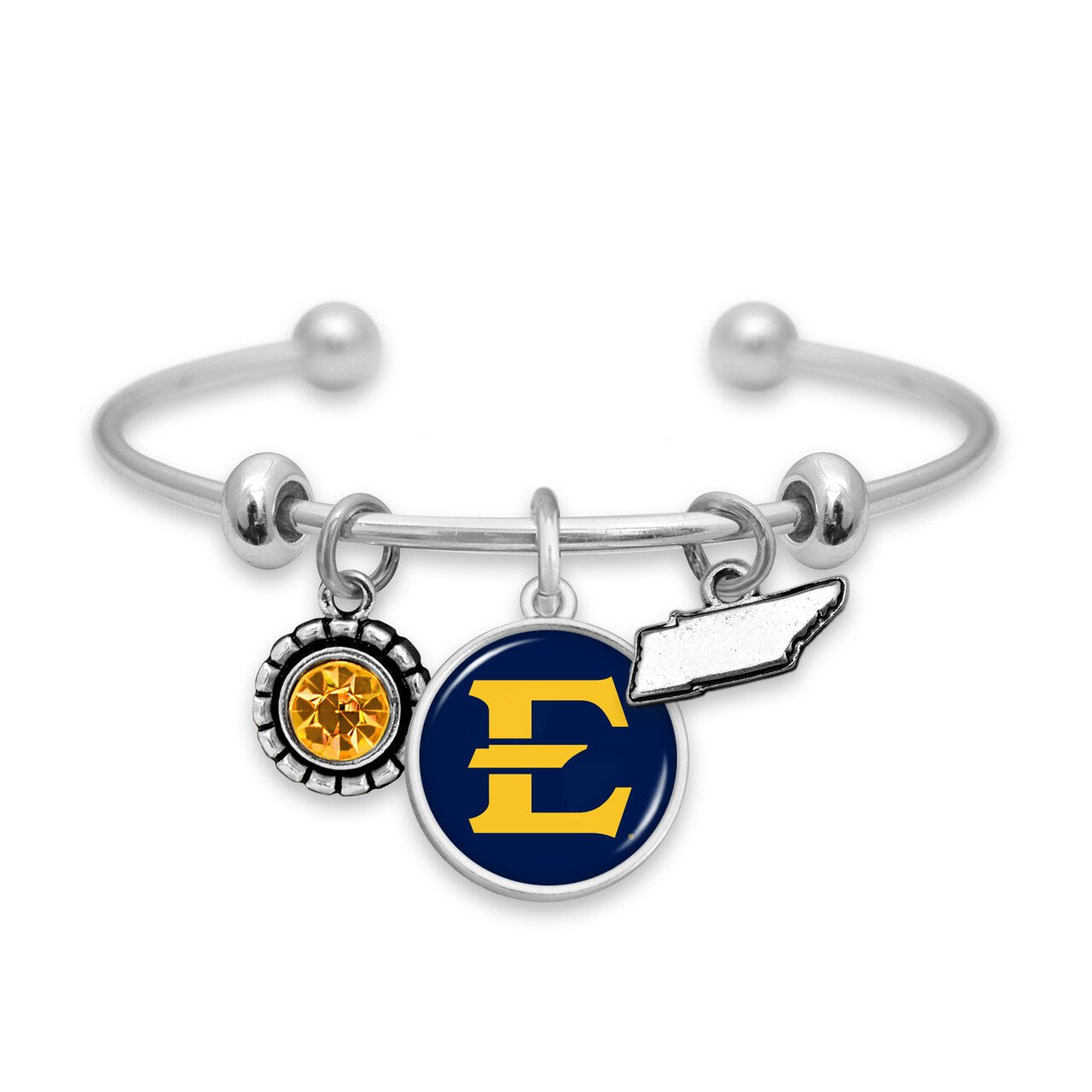 Officially Licensed EAST TENNESSEE BUCCANEERS Bracelet - Triple Charm Bracelet with Crystal Tennessee State Pewter Charms Sterling Plated
