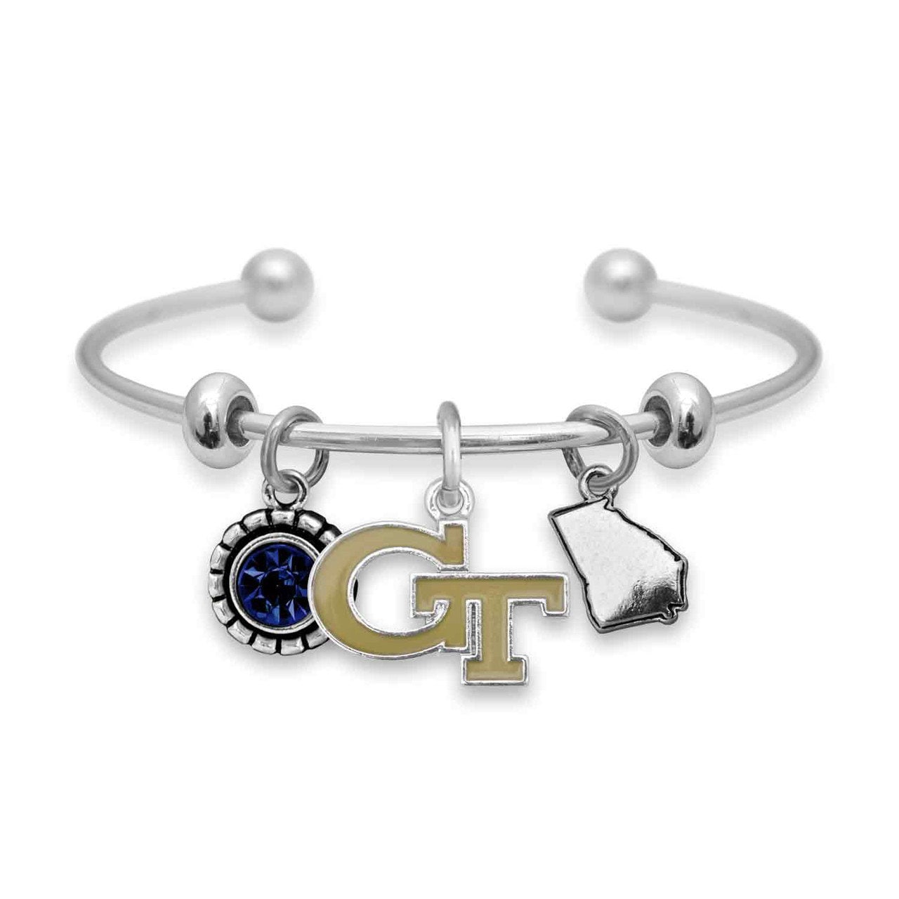 Officially Licensed GEORGIA TECH Yellow Jackets Bracelet - Triple Charm Bracelet with Crystal Georgia State Pewter Charms Sterling Plated