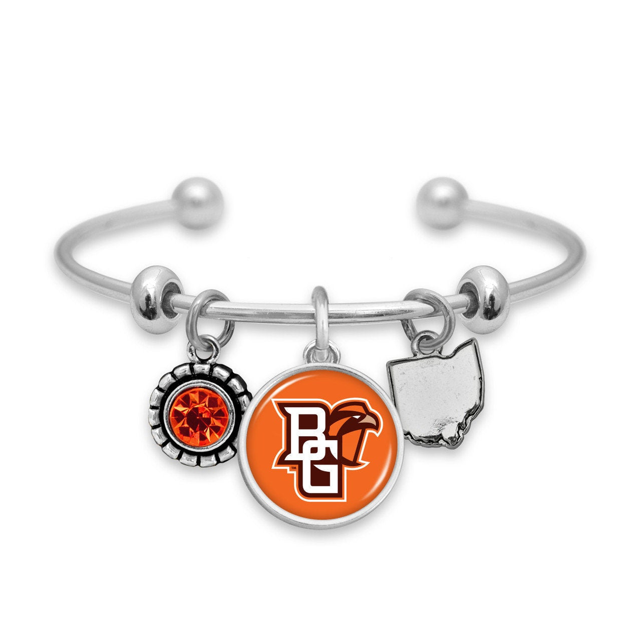 Officially Licensed BOWLING GREEN FALCONS Bracelet - Triple Charm Bracelet with Crystal Ohio State Pewter Charms Sterling Plated