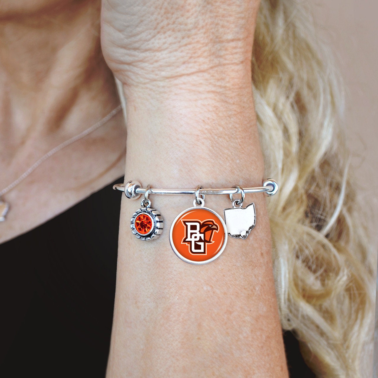 Officially Licensed BOWLING GREEN FALCONS Bracelet - Triple Charm Bracelet with Crystal Ohio State Pewter Charms Sterling Plated