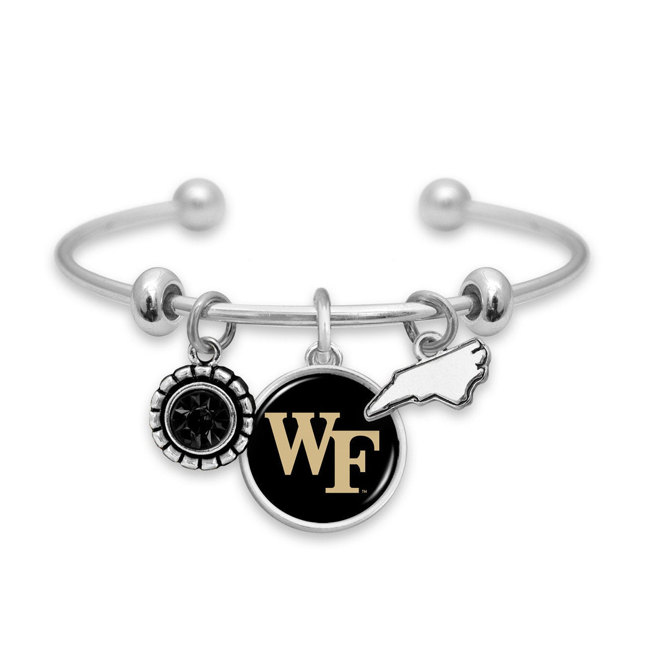 Officially Licensed WAKE FOREST Demon Deacons Bracelet - Triple Charm Bracelet Crystal North Carolina State Pewter Charms Sterling Plated