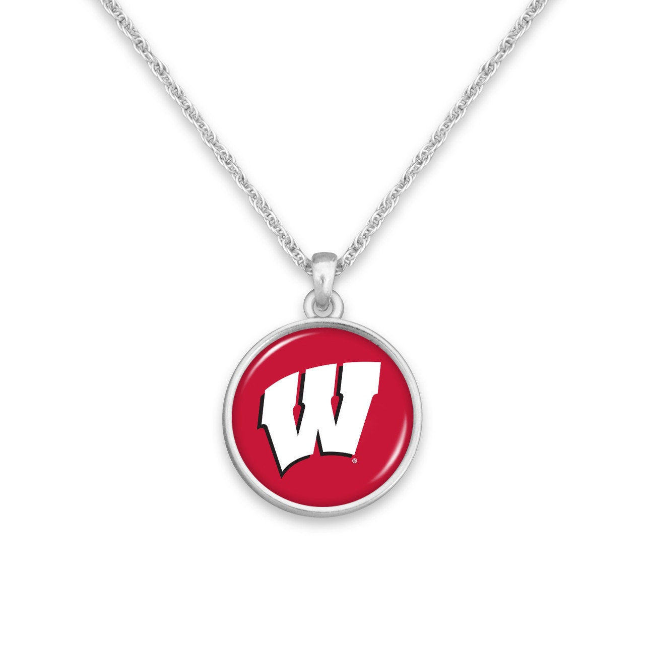 Officially Licensed WISCONSIN BADGERS Necklace - Pewter Charm Sterling Plated - University of Wisconsin
