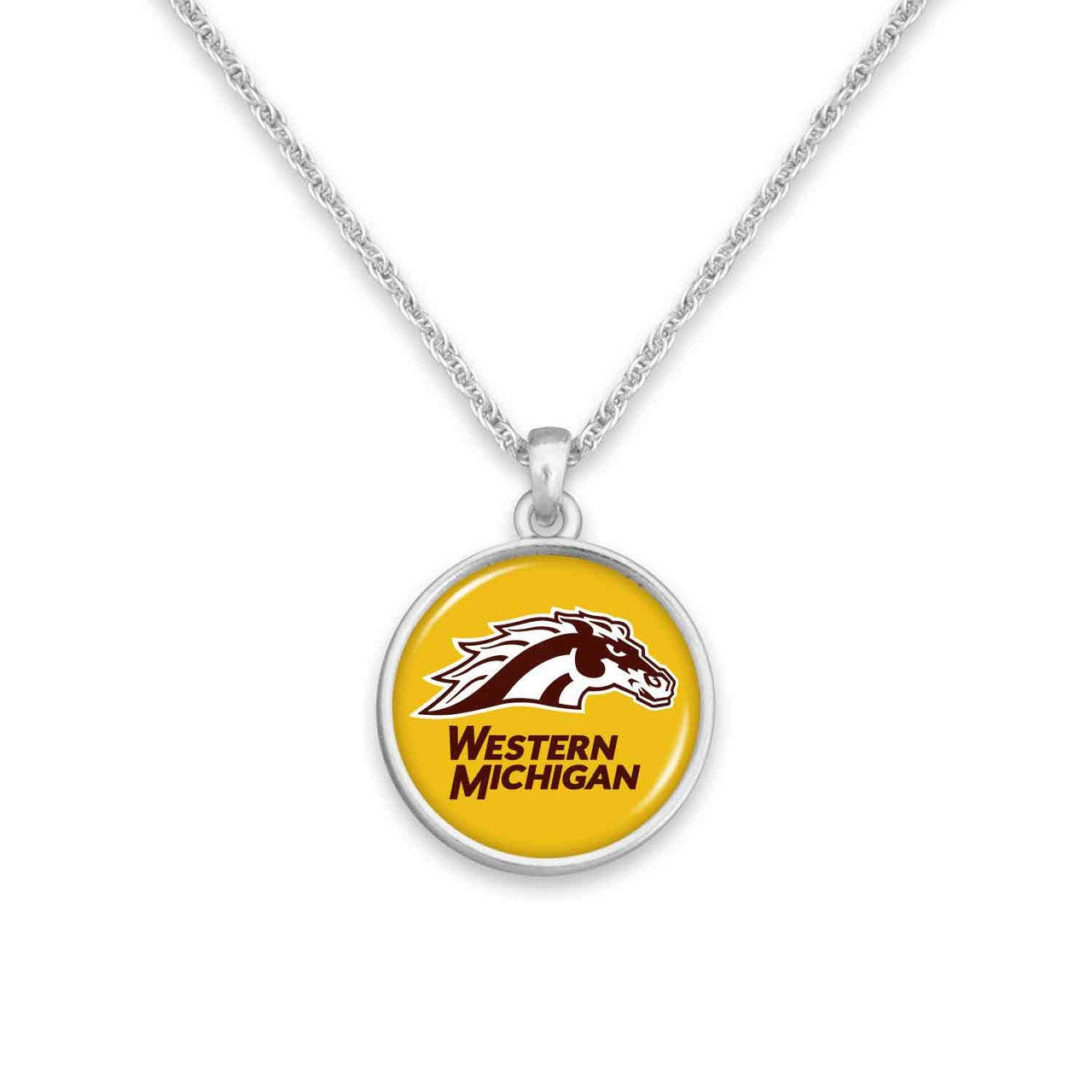 Officially Licensed WEST MICHIGAN BRONCOS Necklace - Pewter Charm Sterling Plated - Western Michigan University