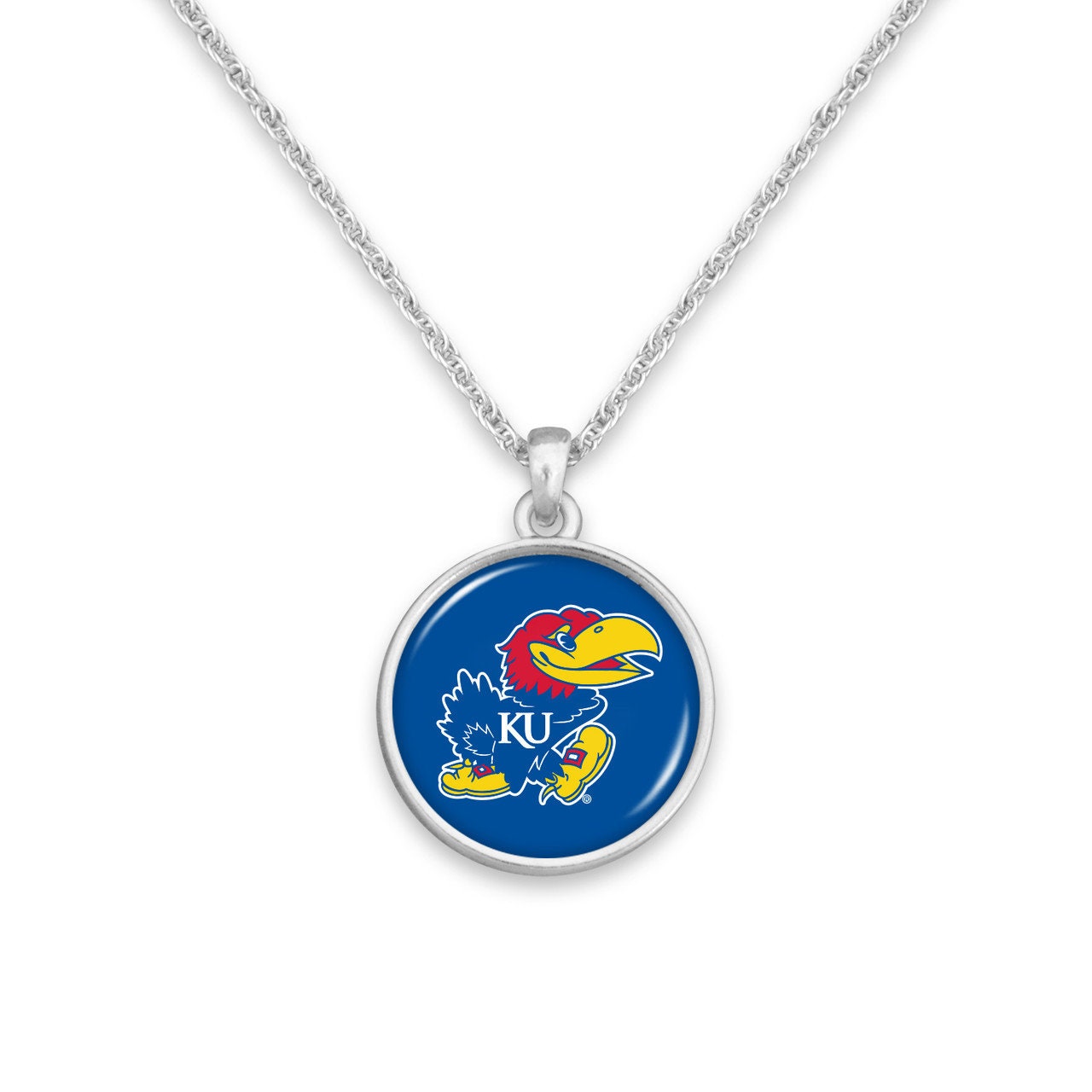 Officially Licensed KANSAS JAYHAWKS Necklace - Pewter Charm Sterling Plated - University of Kansas