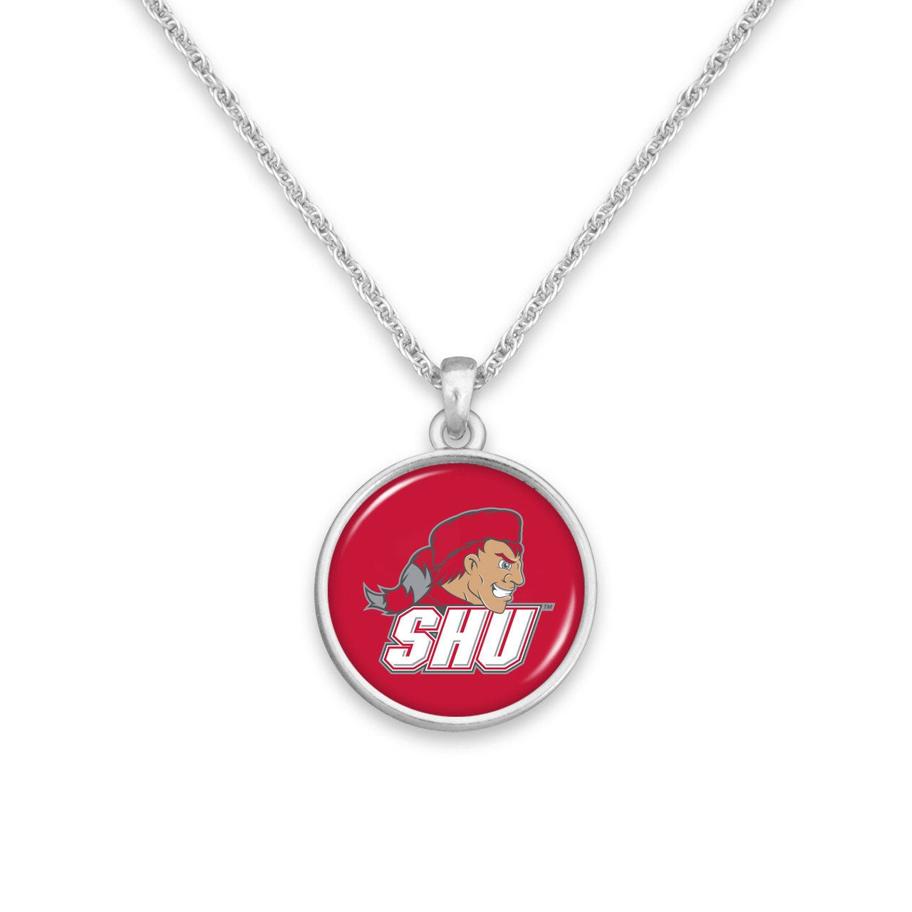 Officially Licensed SACRED HEART PIONEERS Necklace - Pewter Charm Sterling Plated - Sacred Heart University