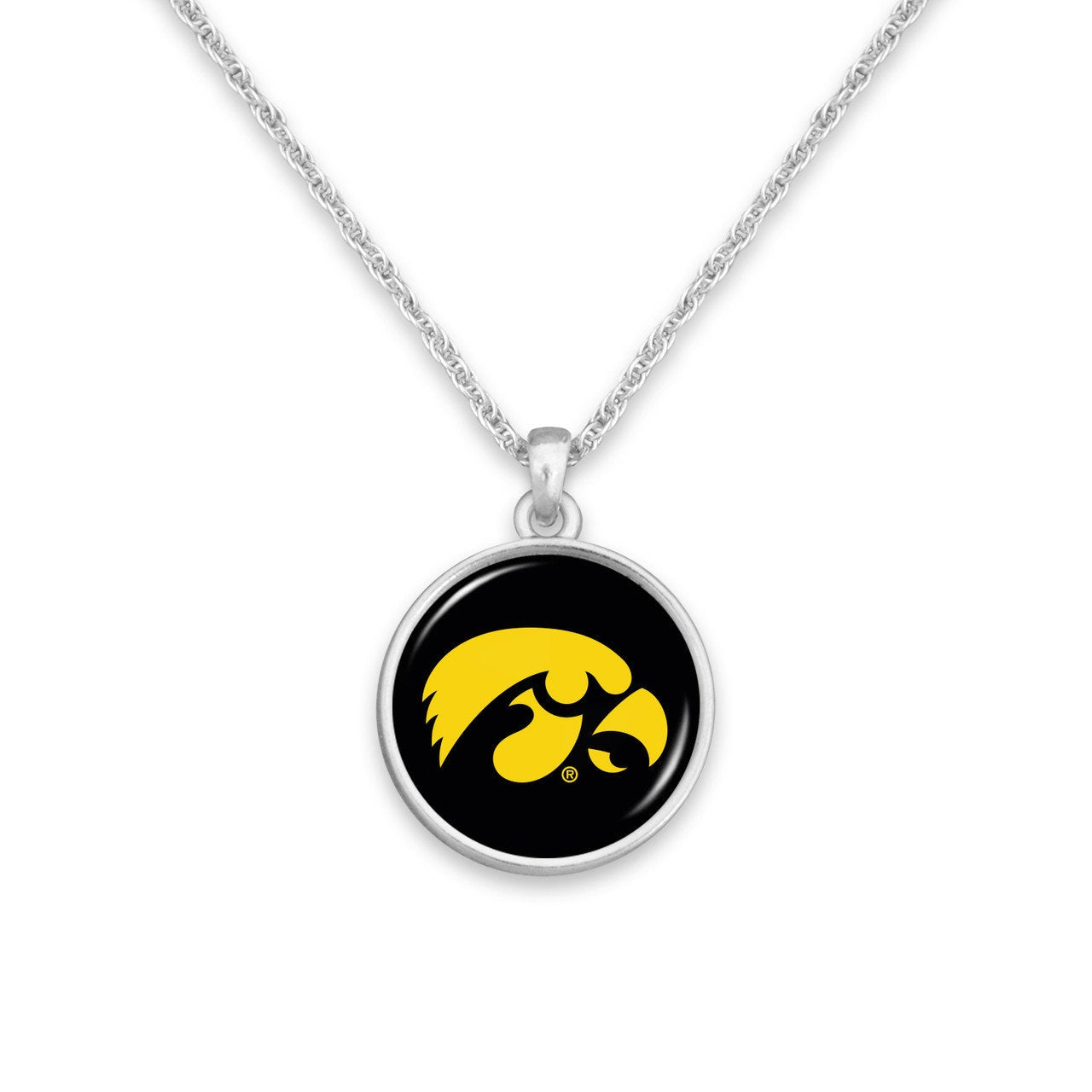 Officially Licensed IOWA HAWKEYES Necklace - Pewter Charm Sterling Plated - University of Iowa