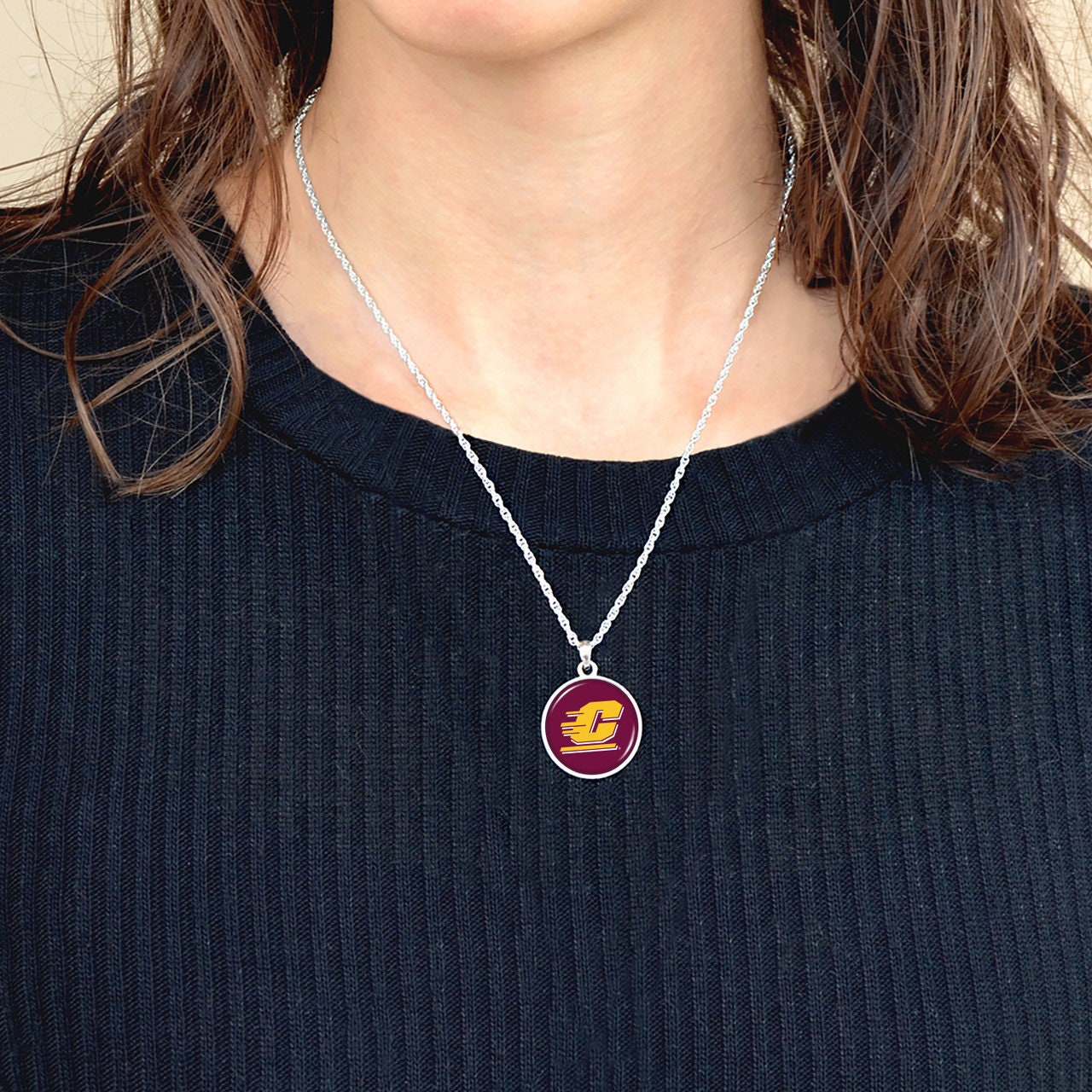 Officially Licensed CENTRAL MICHIGAN CHIPPEWAS Necklace - Pewter Charm Sterling Plated - Central Michigan University