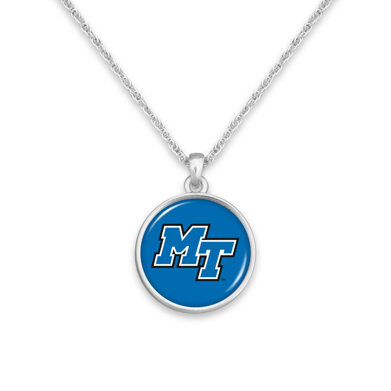 Officially Licensed MIDDLE TENNESSEE Blue Raiders Necklace - Pewter Charm Sterling Plated - Middle Tennessee State University