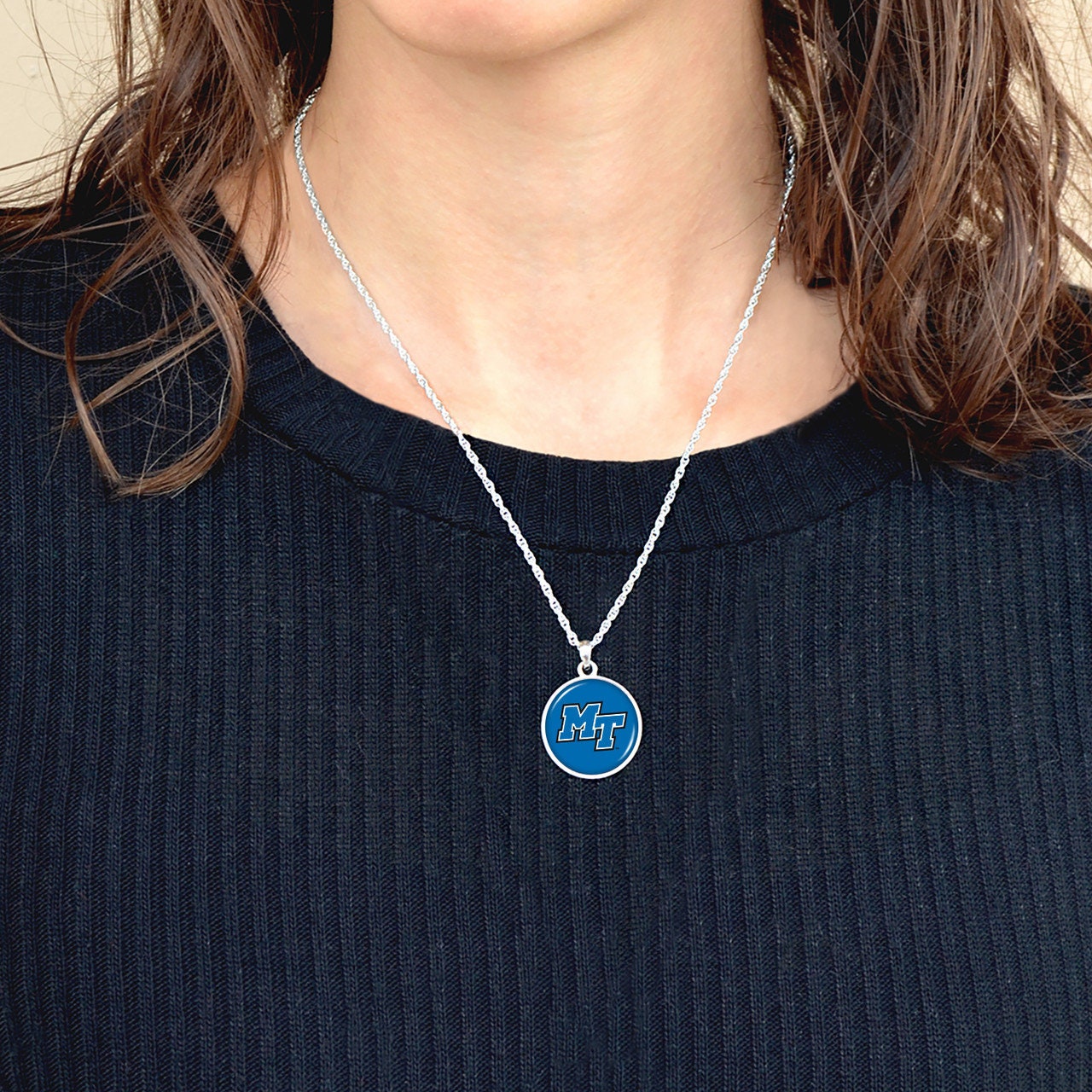 Officially Licensed MIDDLE TENNESSEE Blue Raiders Necklace - Pewter Charm Sterling Plated - Middle Tennessee State University