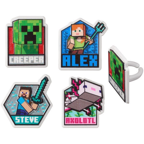 12 MINECRAFT Lush Finds Cupcake Rings - Creeper, Alex, Steve and Axolotl Minecraft Cake Toppers for Birthday Party Decoration Craft Supply