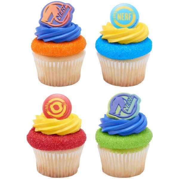 12 NERF On Target! Cupcake Rings - NERF Cake Toppers for Birthday Party Decoration Craft Supply