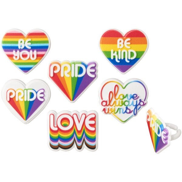 12 Love Always Wins Cupcake Rings - Rainbow Heart Gay Pride LGBTQ Rainbow Striped Heart Cupcake Rings - Cake Toppers for Birthday Party
