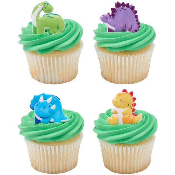 12 CUTSIE DINOSAURS Cupcake Rings - Cupcake Topper Decorations Cake Toppers for Birthday Party Decoration Craft Supply