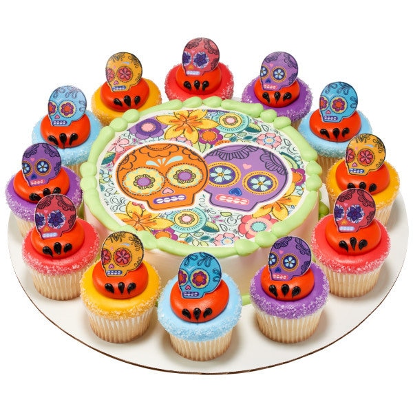12 Day of the Dead Cupcake Rings - Día de Los Muertos Spirit Skull Cupcake Decorations Cake Toppers for Birthday Party Decoration Craft