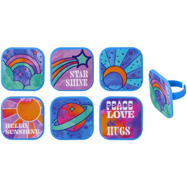 12 Peace, Love & Hugs Cupcake Rings - Rainbow Stars Sun Sunshine Love Happiness Hugs Cupcake Rings - Cake Toppers for Birthday Party