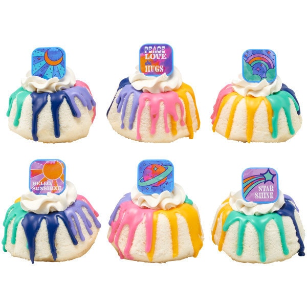 12 Peace, Love & Hugs Cupcake Rings - Rainbow Stars Sun Sunshine Love Happiness Hugs Cupcake Rings - Cake Toppers for Birthday Party