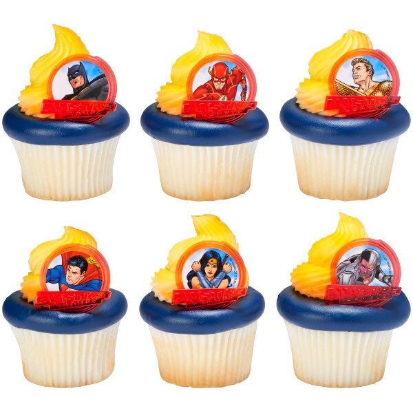 12 JUSTICE LEAGUE Brave & Bold Cupcake Rings - Batman, The Flash, Superman Cake Toppers for Birthday Party Decoration Craft Supply