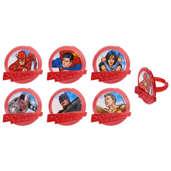12 JUSTICE LEAGUE Brave & Bold Cupcake Rings - Batman, The Flash, Superman Cake Toppers for Birthday Party Decoration Craft Supply
