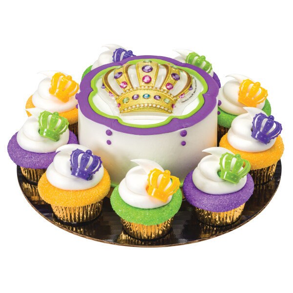 12 Mardi Gras 3D Crown Cupcake Rings - King Crown Cake Toppers for Birthday Party Decoration Celebration Craft Supply
