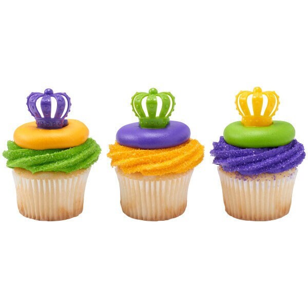 12 Mardi Gras 3D Crown Cupcake Rings - King Crown Cake Toppers for Birthday Party Decoration Celebration Craft Supply