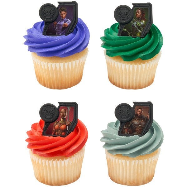 12 BLACK PANTHER Wakanda Forever Cupcake Rings - Marvel Comics Black Panther Cake Toppers for Birthday Party Decoration Craft Supply