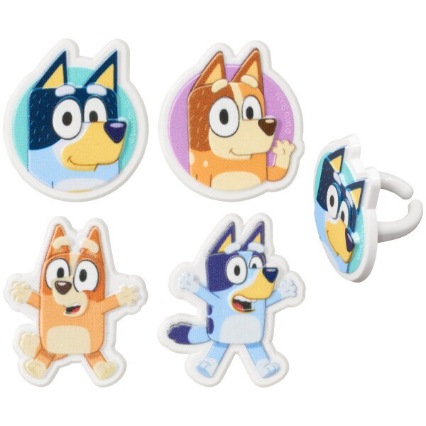 12 BLUEY So Much Fun Cupcake Rings - Bandit Heeler Bandit Bingo Bluey Cake Toppers for Birthday Party Decoration Craft Supply