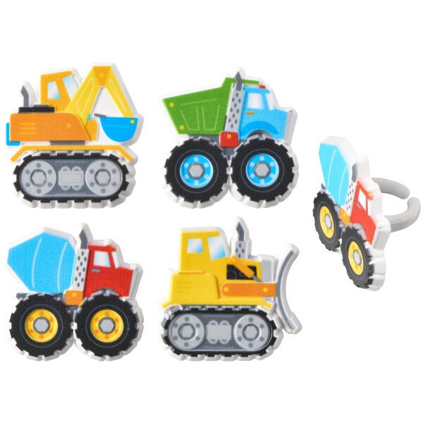 12 Construction Trucks Cupcake Rings - Bulldozer Dozer Dump Truck Construction Cake Toppers for Birthday Party Decoration Craft Supply