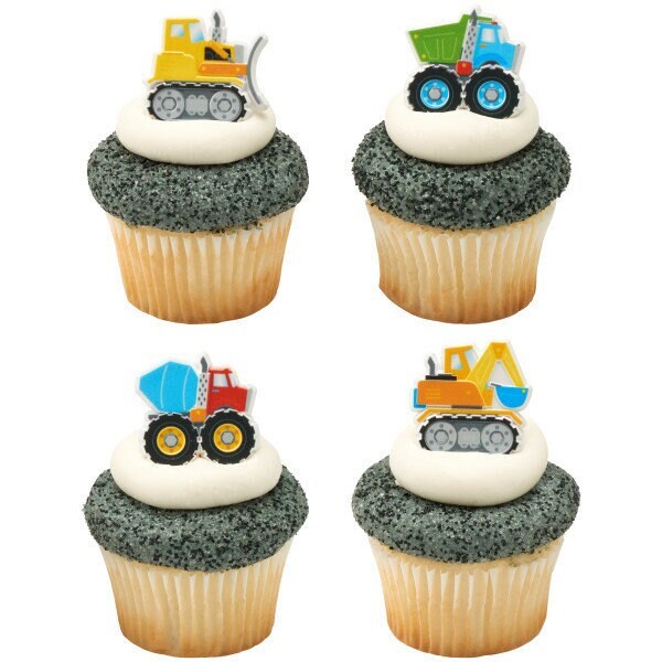 12 Construction Trucks Cupcake Rings - Bulldozer Dozer Dump Truck Construction Cake Toppers for Birthday Party Decoration Craft Supply
