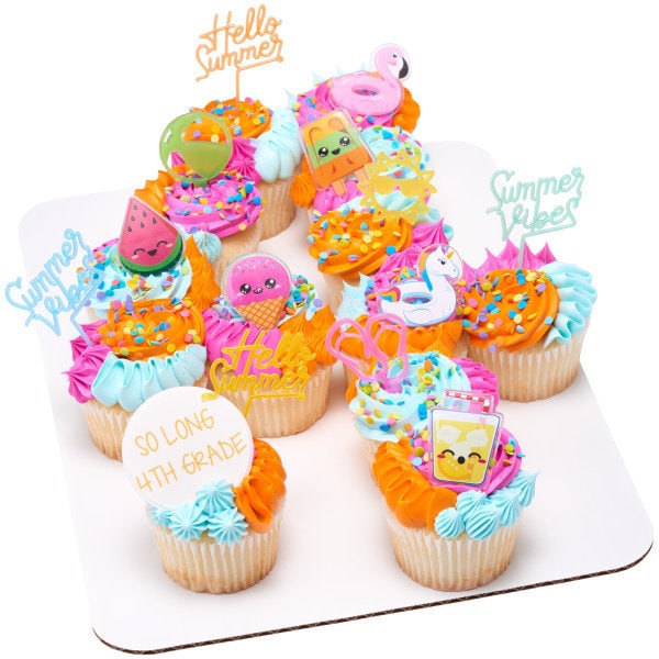 12 COOL SUMMER TREATS Cupcake Rings - Bulldozer Dozer Dump Truck Construction Cake Toppers for Birthday Party Decoration Craft Supply
