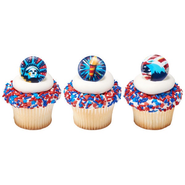 12 Celebrate Liberty Cupcake Rings - Independence Day July 4th Party Cake Toppers for Birthday Party Decoration Craft Supply