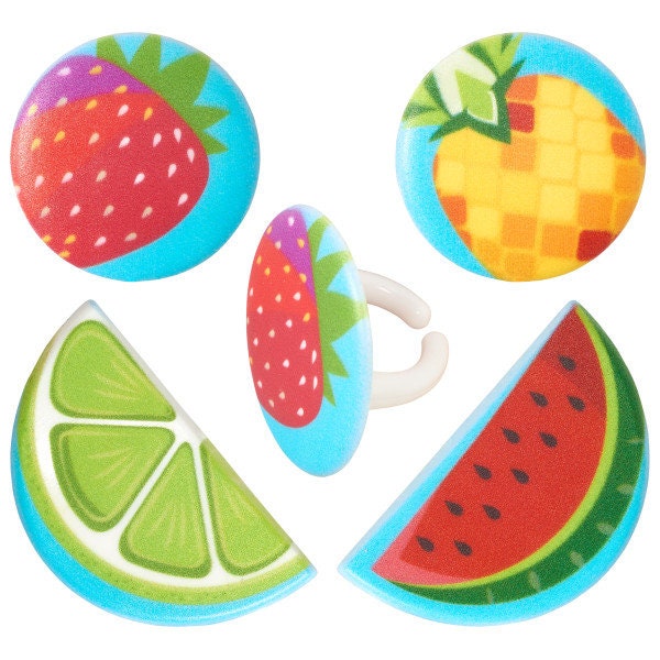 12 Fruit Assortment Cupcake Rings - Summer Pineapple Strawberry Watermelon Party Cake Toppers for Birthday Party Decoration Craft Supply