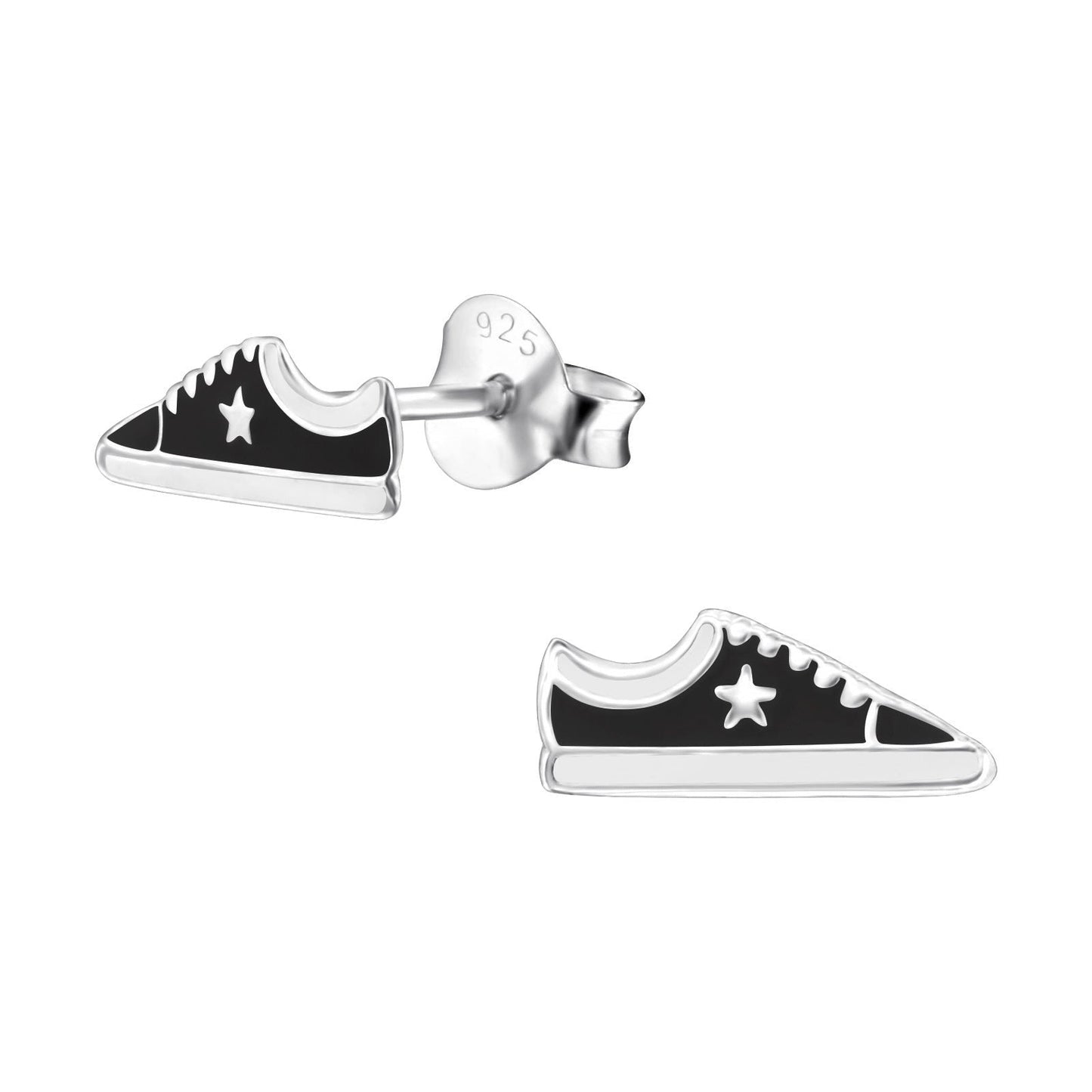 925 Sterling Silver Earrings Black Sneaker -  Ear Studs with Backing - Tennis Shoe with Star Sneaker - Hypoallergenic Earrings