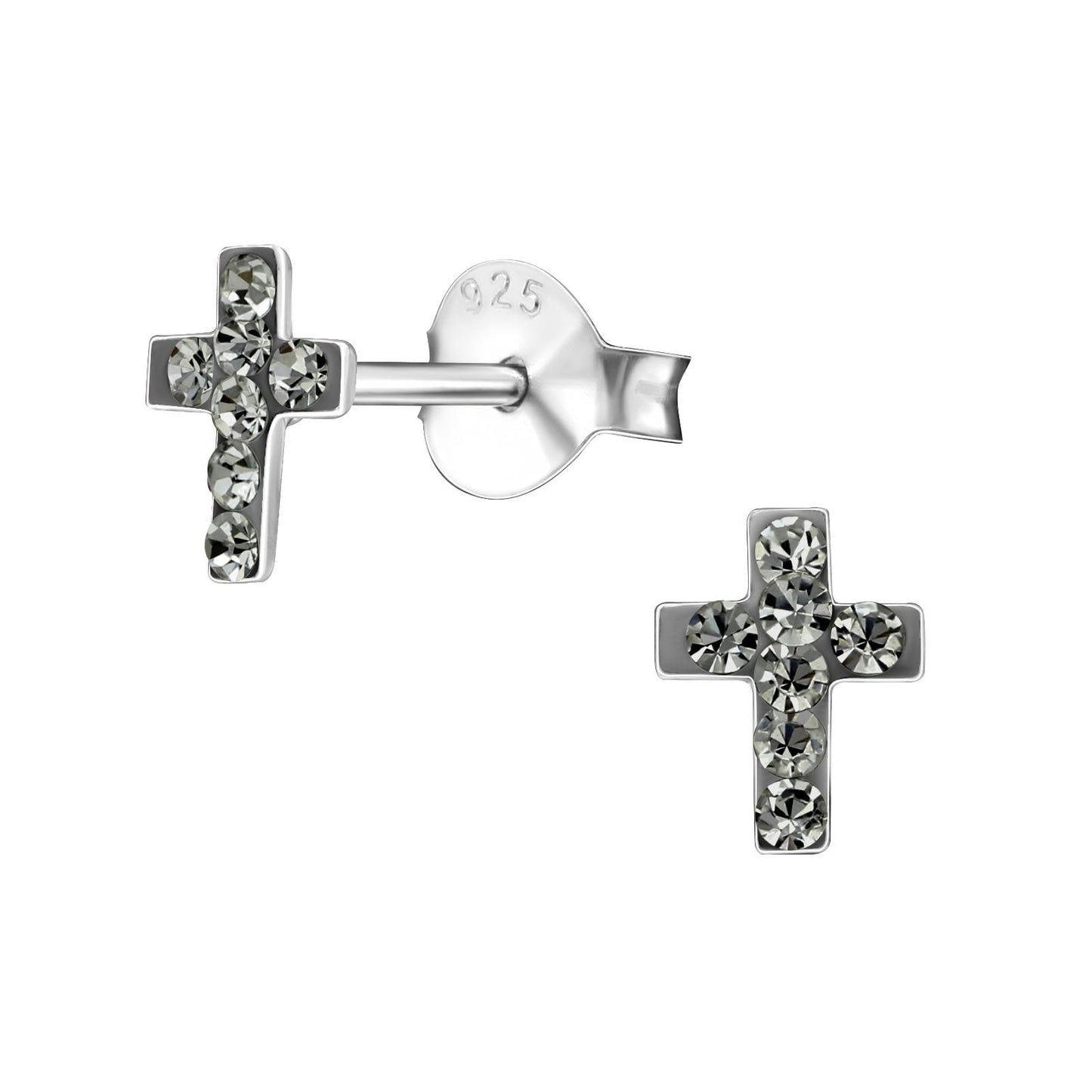 925 Sterling Silver Earrings Cross - Ear Studs with Backing - Christian Cross - Black Diamond - Hypoallergenic Earrings