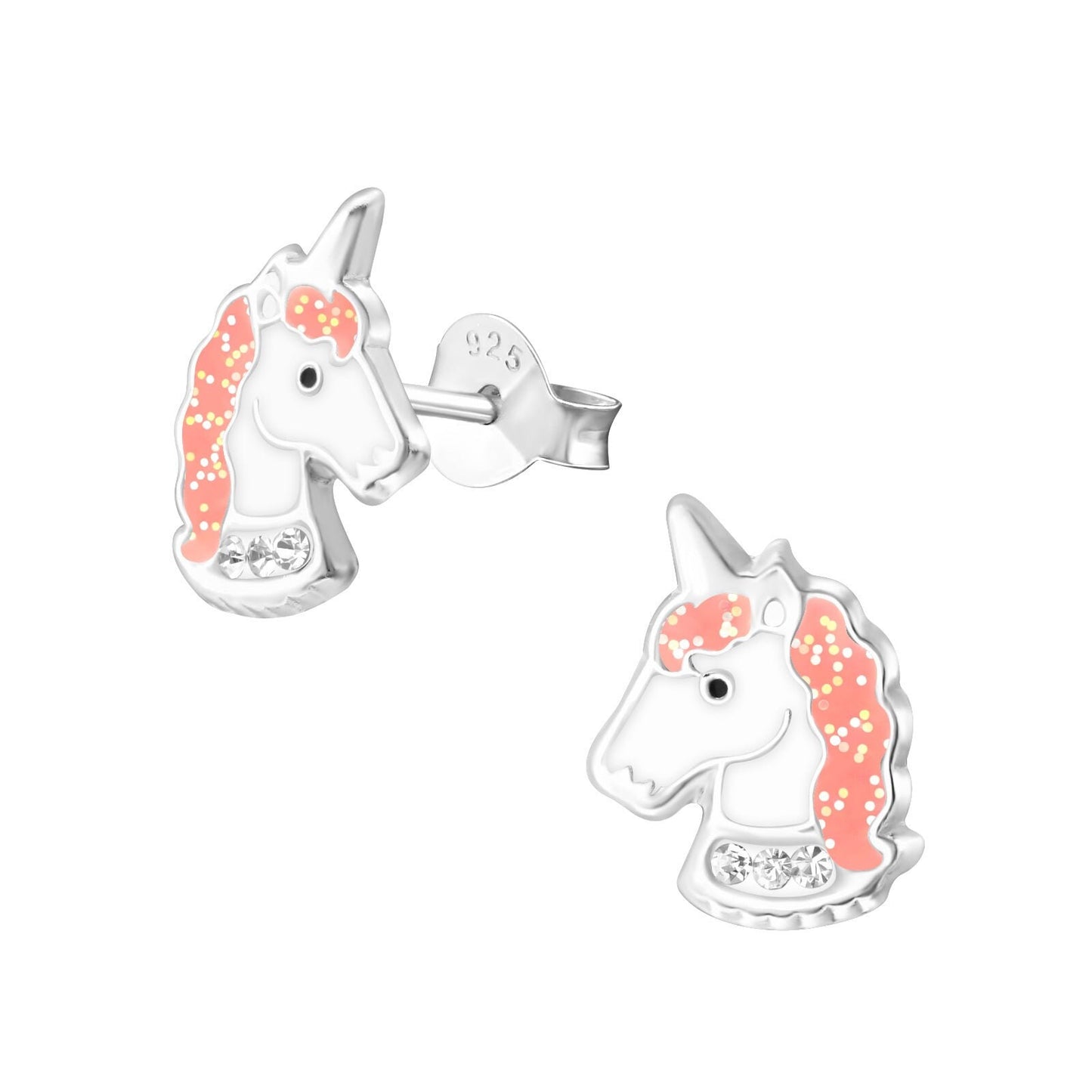 925 Sterling Silver Earrings Unicorn with Crystal - Ear Studs with Backing - Epoxy - Hypoallergenic Earrings