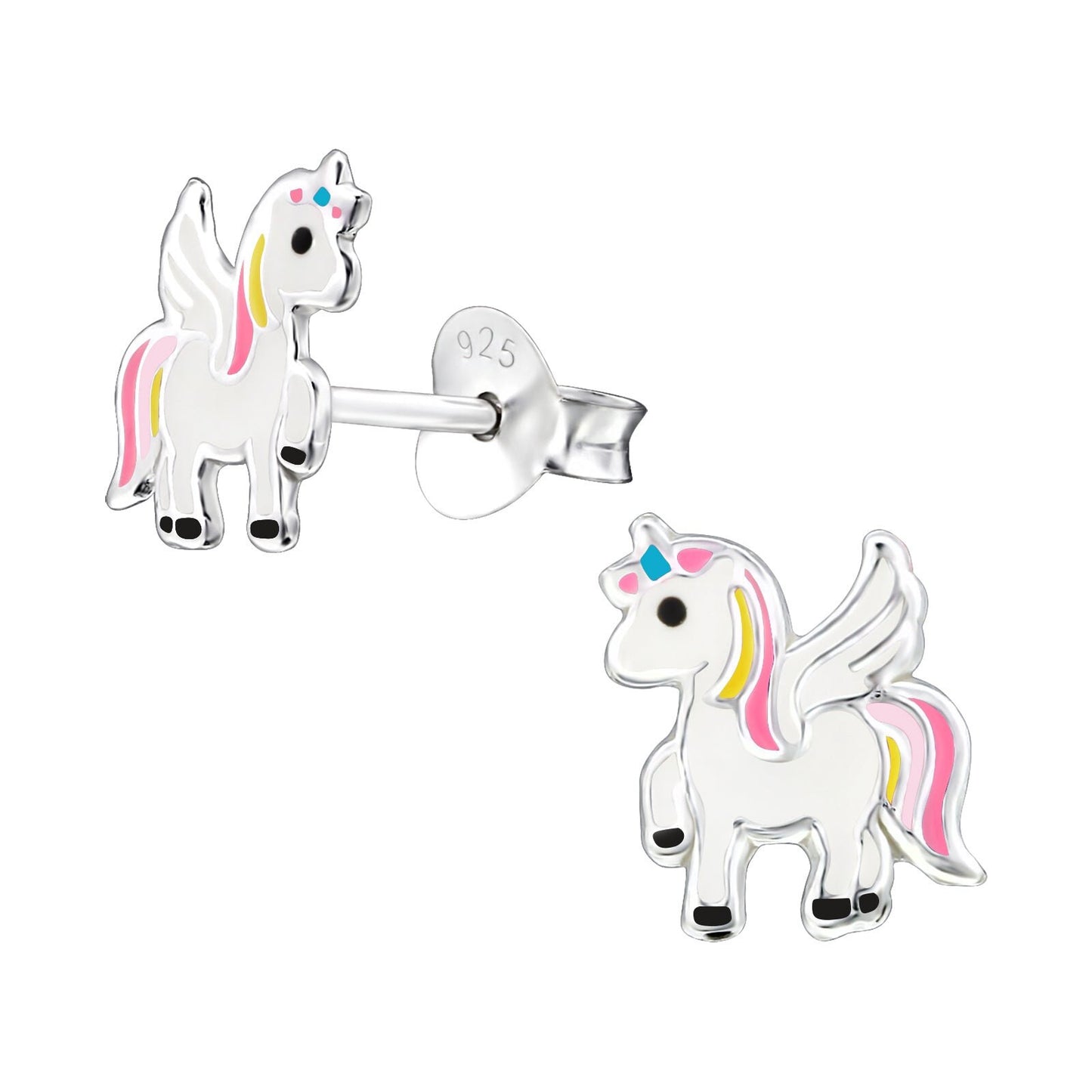 925 Sterling Silver Earrings Unicorn with Wings - Ear Studs with Backing - Epoxy - Mythical Creature Rainbow - Hypoallergenic Earrings