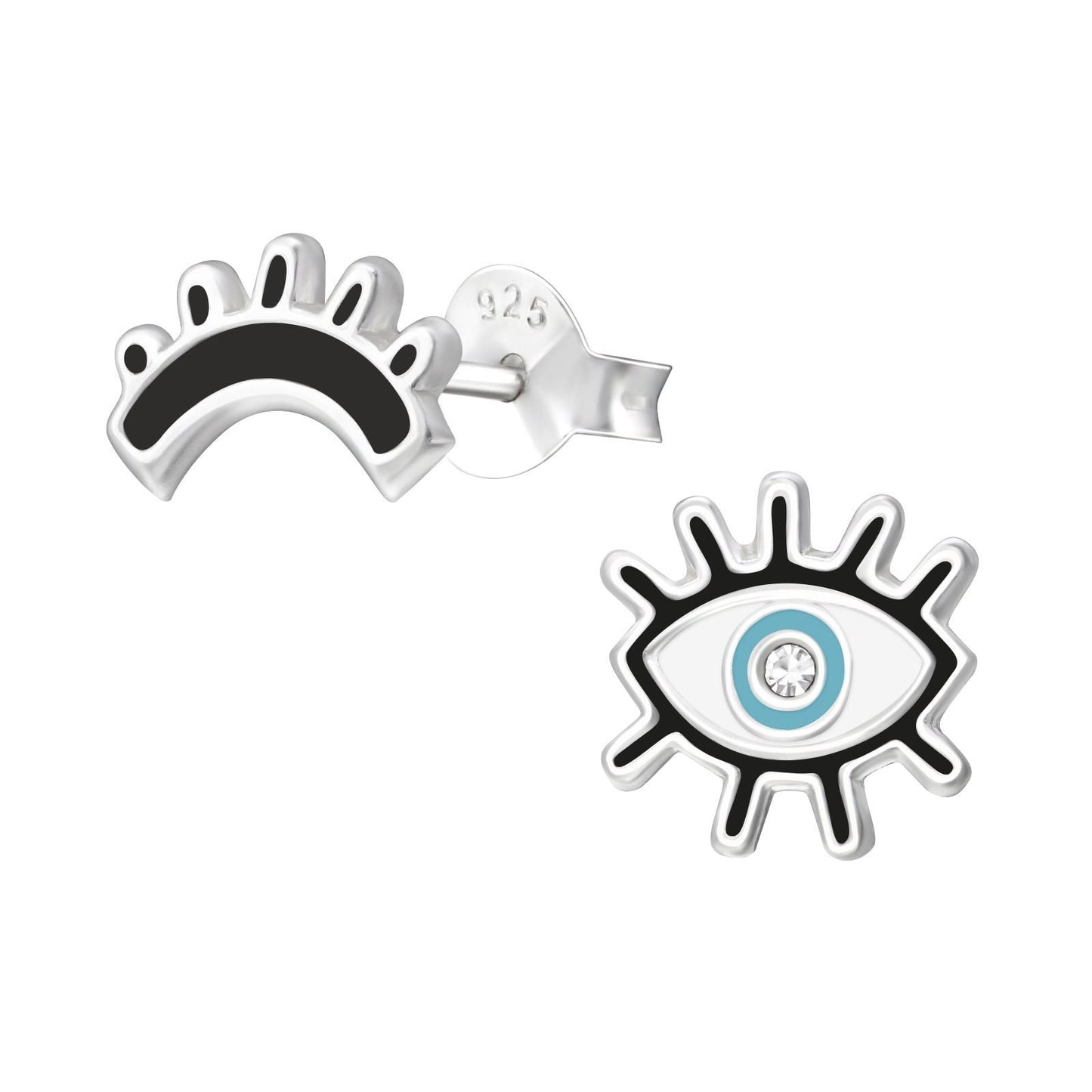 925 Sterling Silver Earrings Evil Eye with Crystal - Ear Studs with Backing - Epoxy Evil Eyes - Hypoallergenic Earrings