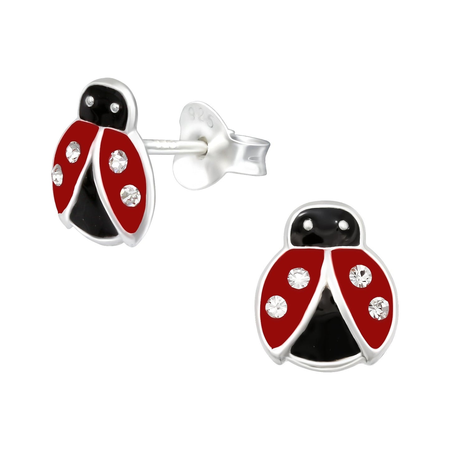 925 Sterling Silver Earrings Ladybug with Crystal - Ear Studs with Backing - Epoxy - Insect Garden Bug Ladybugs - Hypoallergenic Earrings