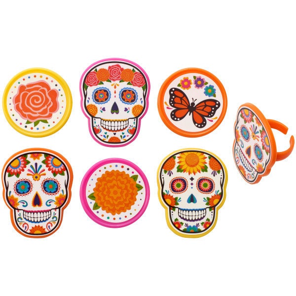 12 Day of the Dead Cupcake Rings - Día de Los Muertos Assortment Skull Cupcake Decorations Cake Toppers for Birthday Party Decoration Craft